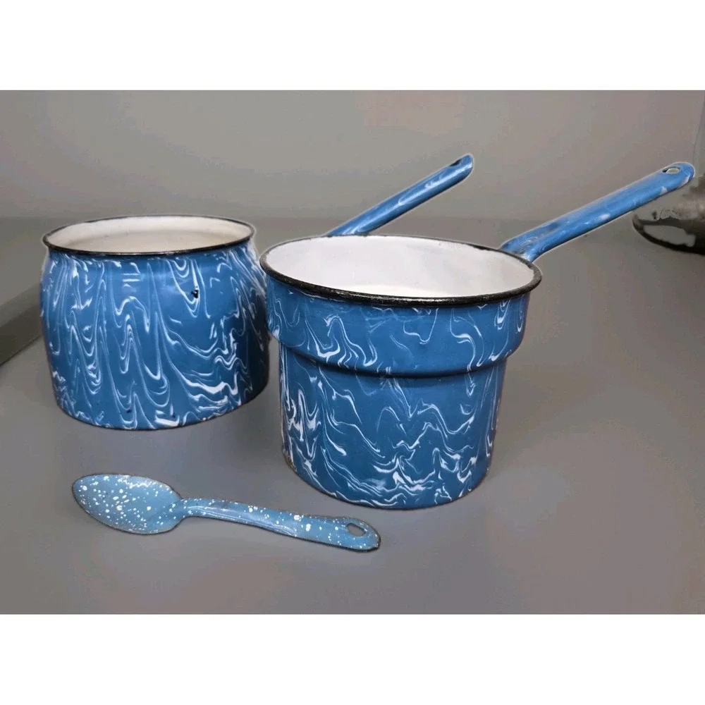 Vintage Blue White Swirl Graniteware Enamel Saucepan Nesting Pot Set of 2 +Spoon